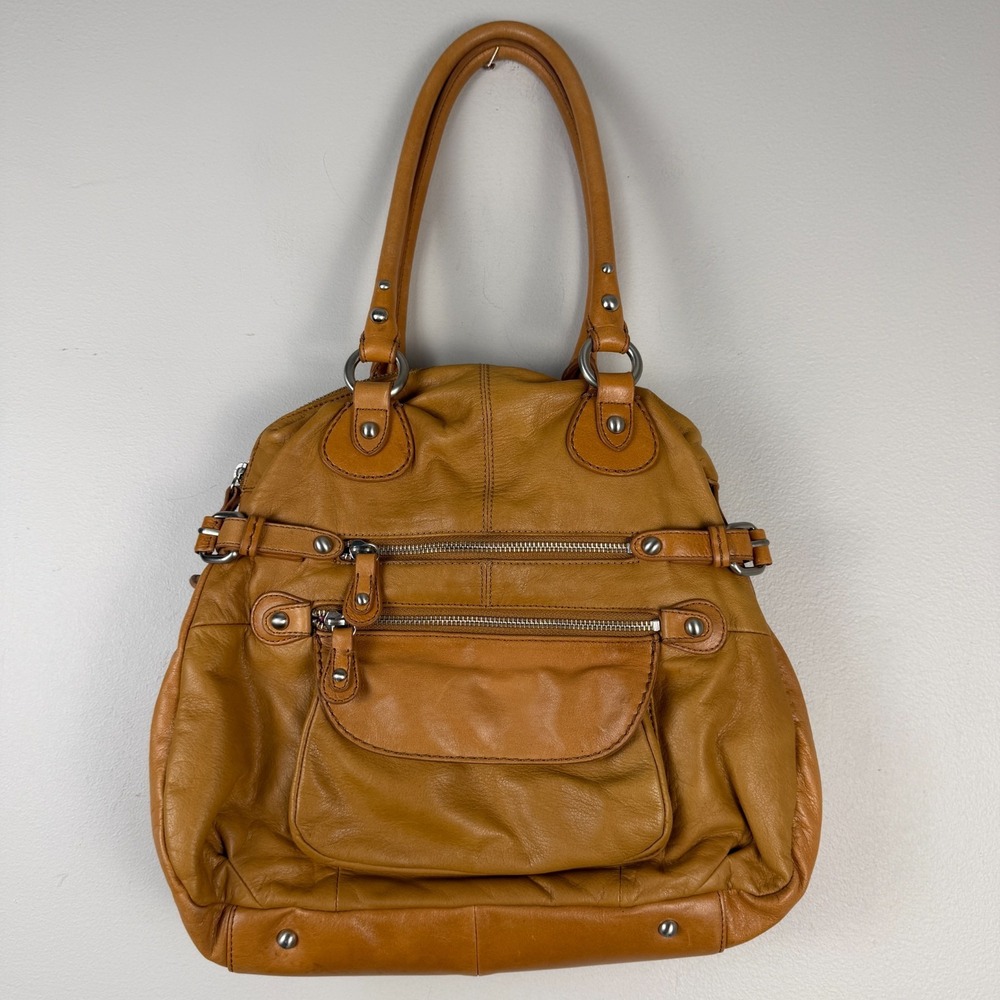 Perlina Handbag Women's Brown Soft Leather Multi Zipper Pocket Shoulder Straps